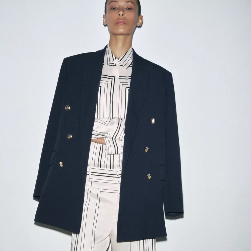ZARA oversized Navy Blue Double-Breasted Women's Blazer‎ NWT SIZE Xs
